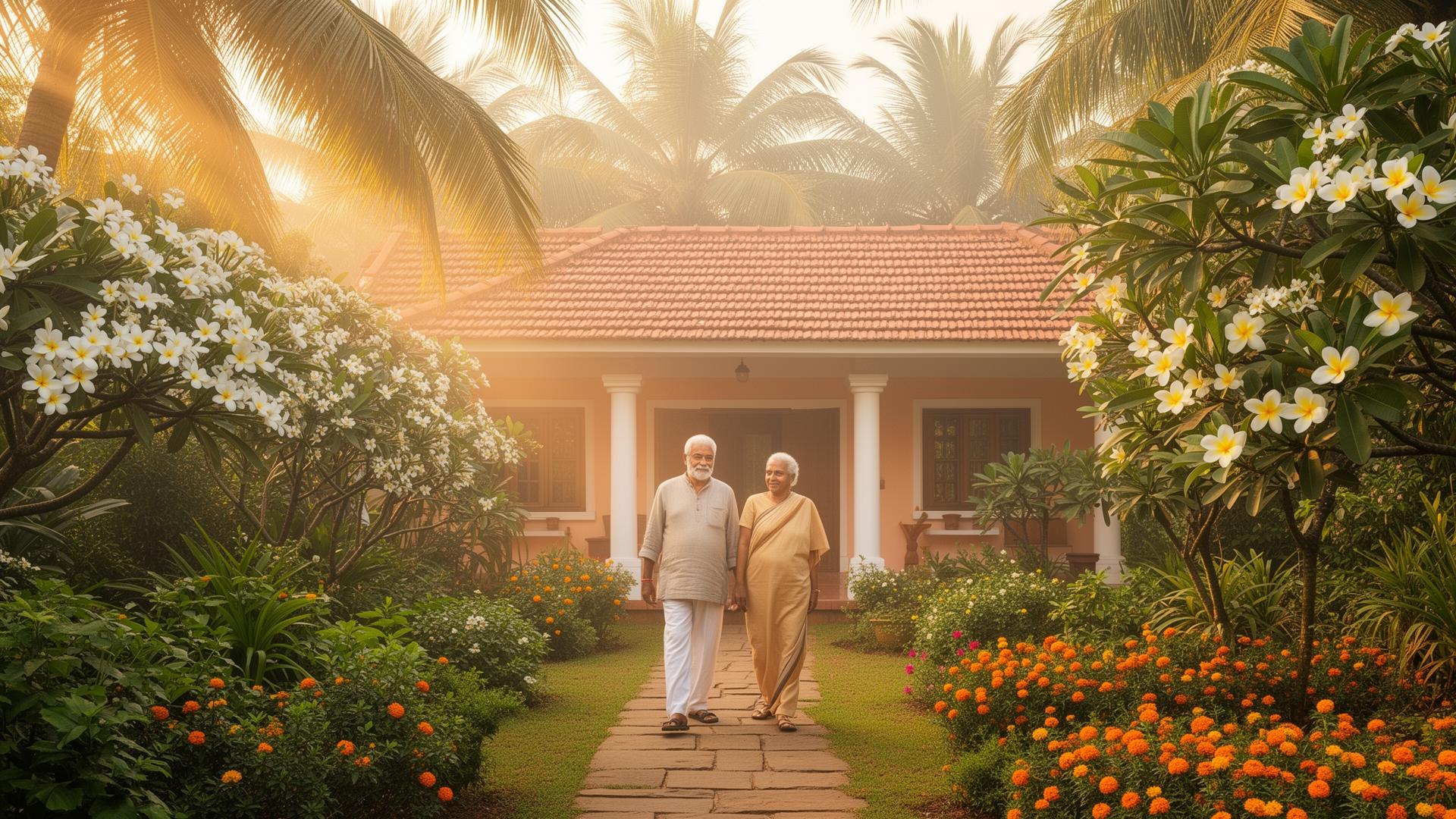 Active senior couple walking through an Ayurvedic wellness garden at golden hour